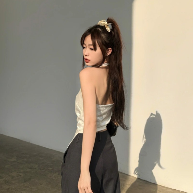 Summer New Solid Color Sleeveless Halter Neck Tie-Back Racerback Crop Top