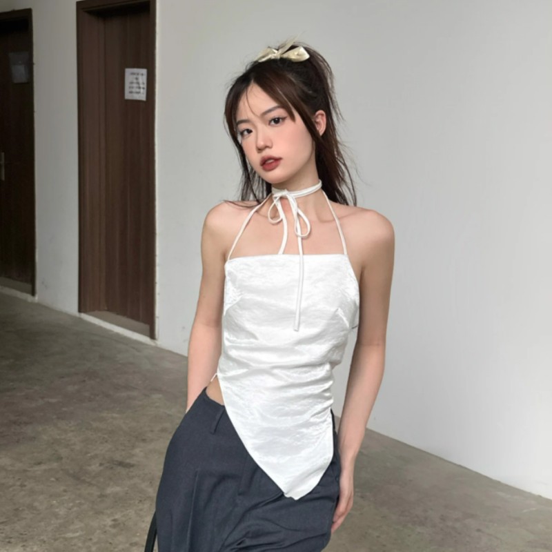 Summer New Solid Color Sleeveless Halter Neck Tie-Back Racerback Crop Top