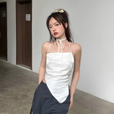 Summer New Solid Color Sleeveless Halter Neck Tie-Back Racerback Crop Top 02