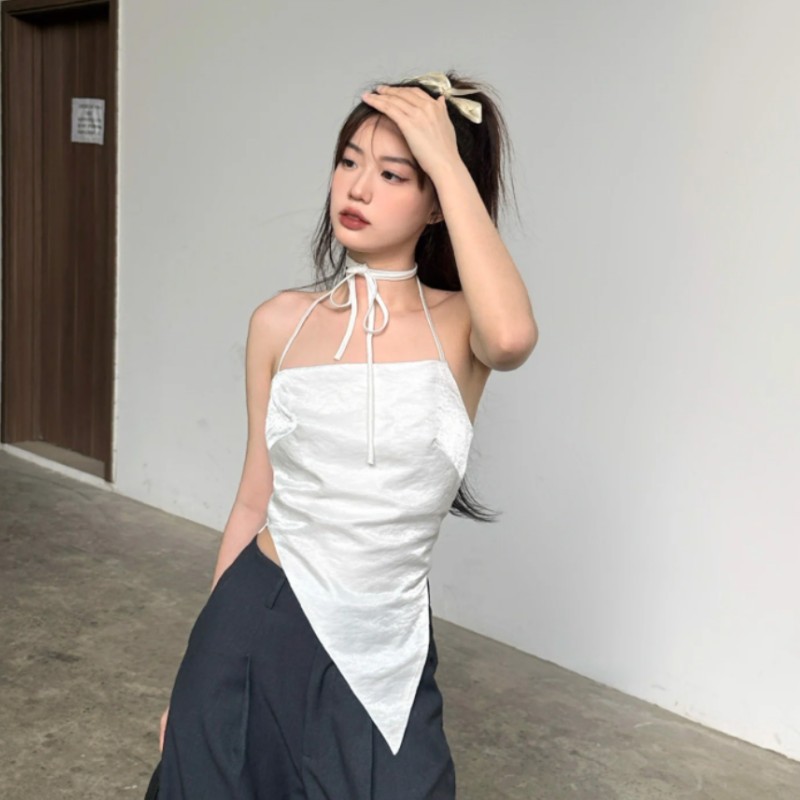 Summer New Solid Color Sleeveless Halter Neck Tie-Back Racerback Crop Top