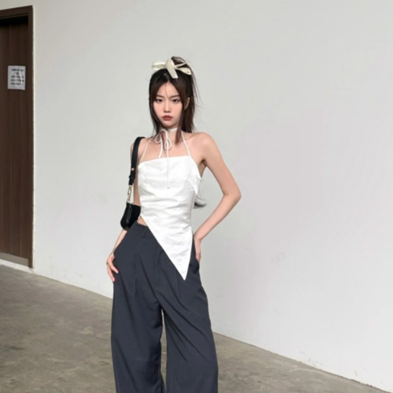 Summer New Solid Color Sleeveless Halter Neck Tie-Back Racerback Crop Top