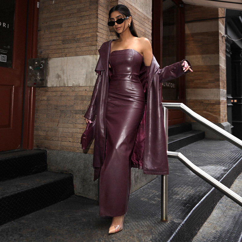 Tube Top Faux Leather PU Sleeveless Bodycon Mini Dress with Side Slit