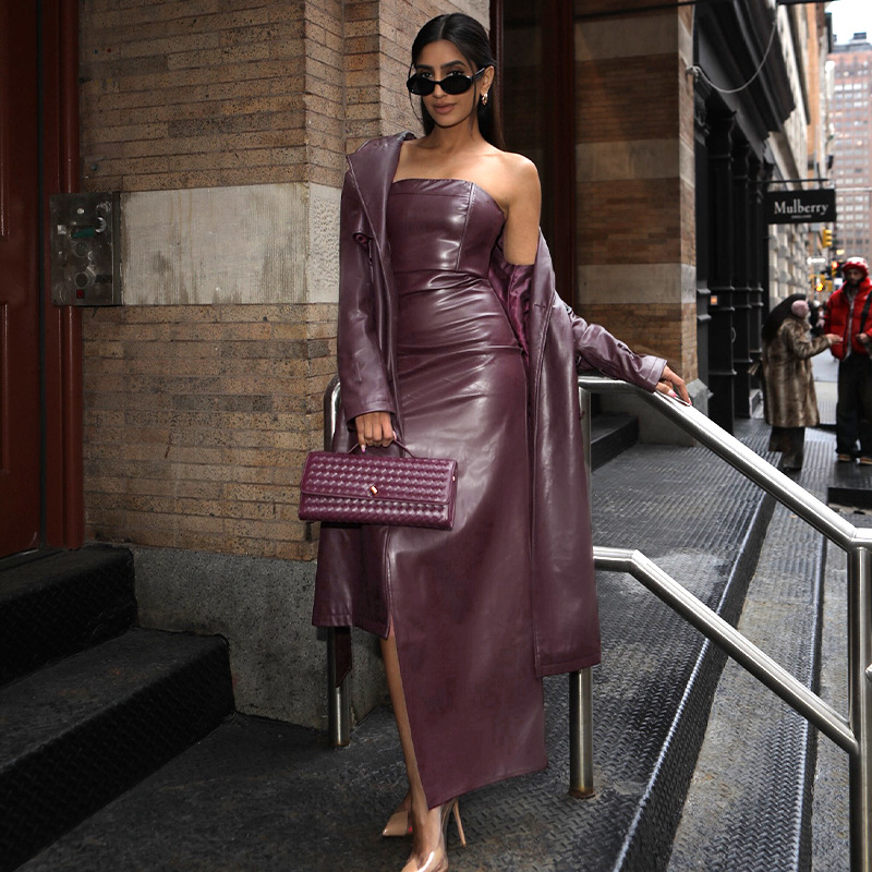 Tube Top Faux Leather PU Sleeveless Bodycon Mini Dress with Side Slit