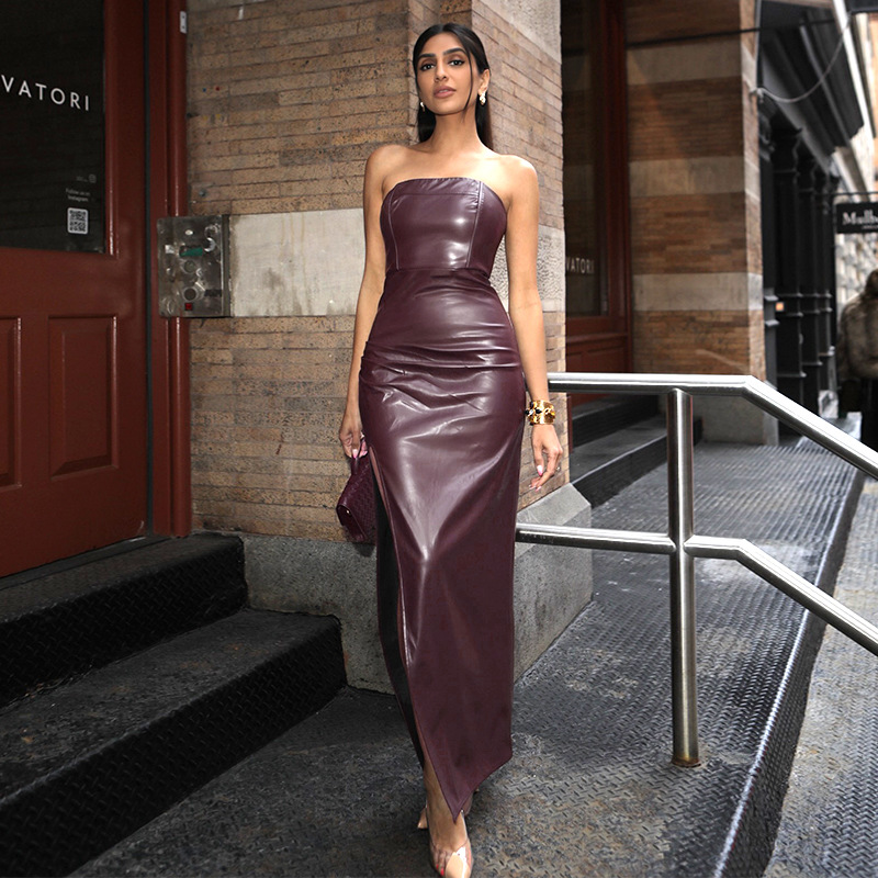 Tube Top Faux Leather PU Sleeveless Bodycon Mini Dress with Side Slit