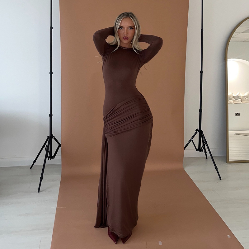 Fall New Solid Color Round Neck Pleated High Waist Long Dress