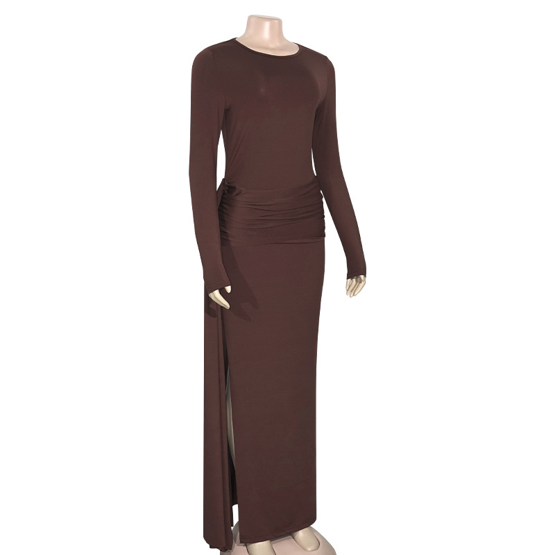 Fall New Solid Color Round Neck Pleated High Waist Long Dress