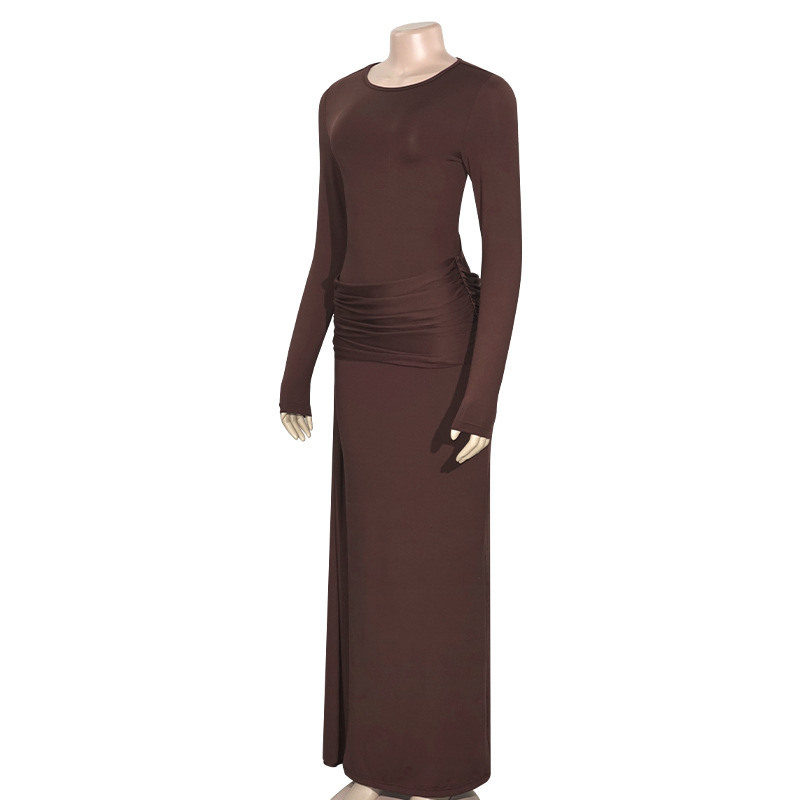Fall New Solid Color Round Neck Pleated High Waist Long Dress