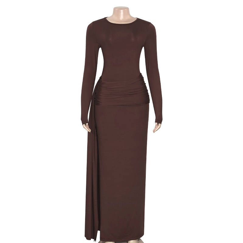 Fall New Solid Color Round Neck Pleated High Waist Long Dress