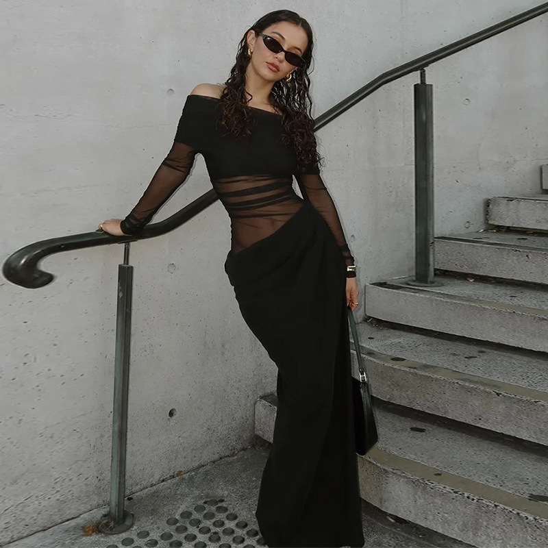 New Solid Color Off-the-Shoulder Sexy Long Sleeve Mesh Panel Sheer Dress