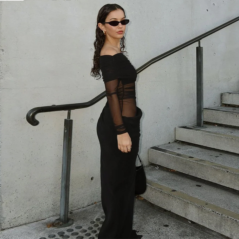 New Solid Color Off-the-Shoulder Sexy Long Sleeve Mesh Panel Sheer Dress