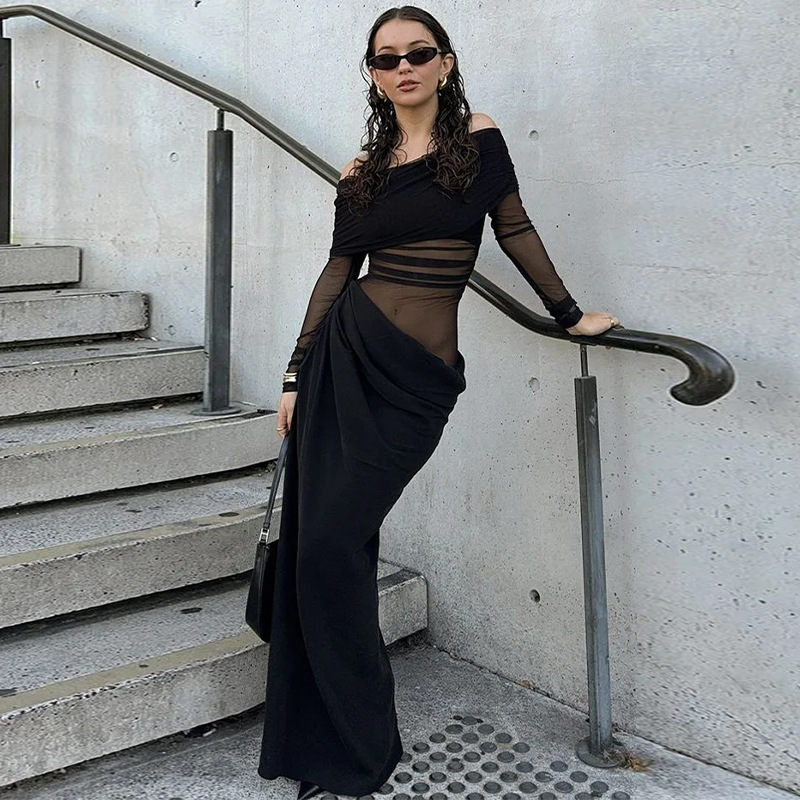 New Solid Color Off-the-Shoulder Sexy Long Sleeve Mesh Panel Sheer Dress