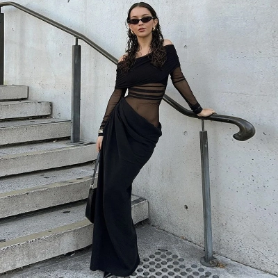 New Solid Color Off-the-Shoulder Sexy Long Sleeve Mesh Panel Sheer Dress 02