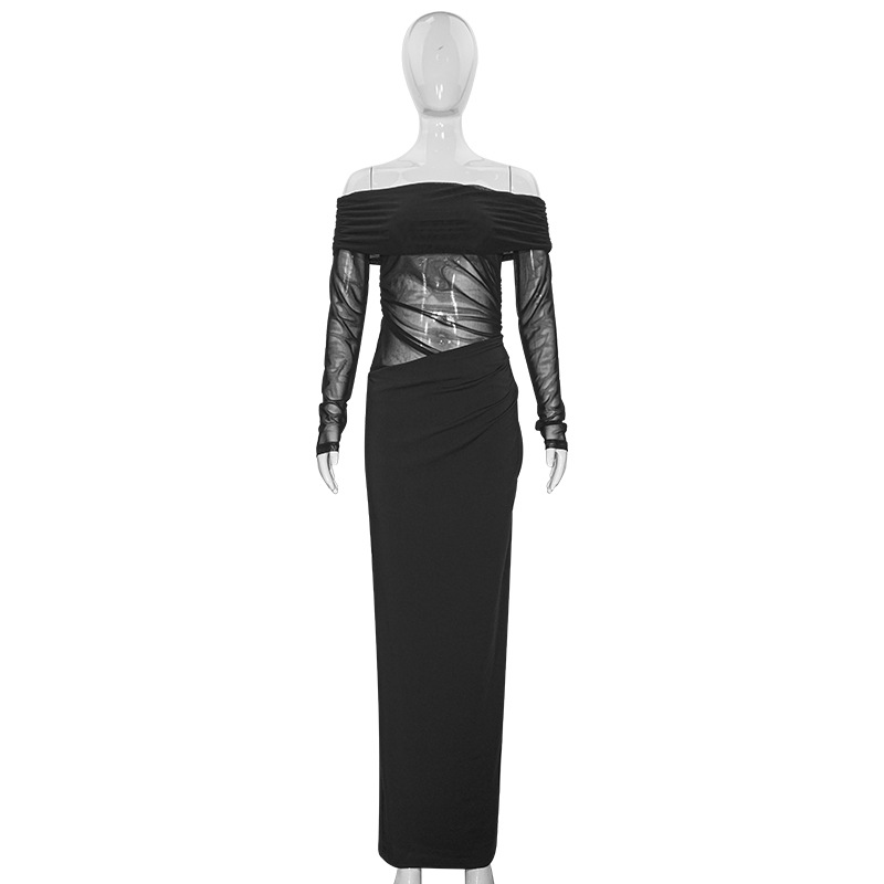 New Solid Color Off-the-Shoulder Sexy Long Sleeve Mesh Panel Sheer Dress