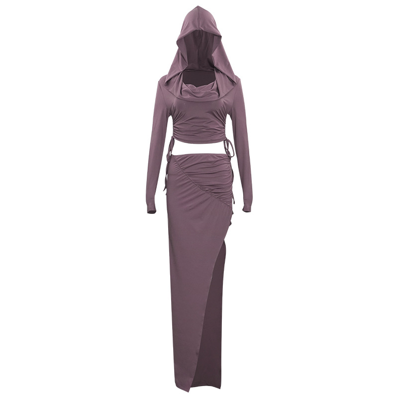 Solid Color Hooded Long Sleeve High Waist Slit Long Dress