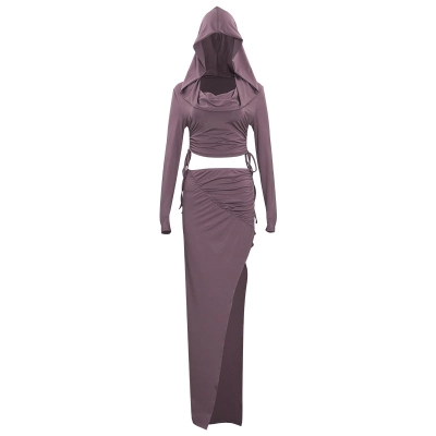 Solid Color Hooded Long Sleeve High Waist Slit Long Dress 01