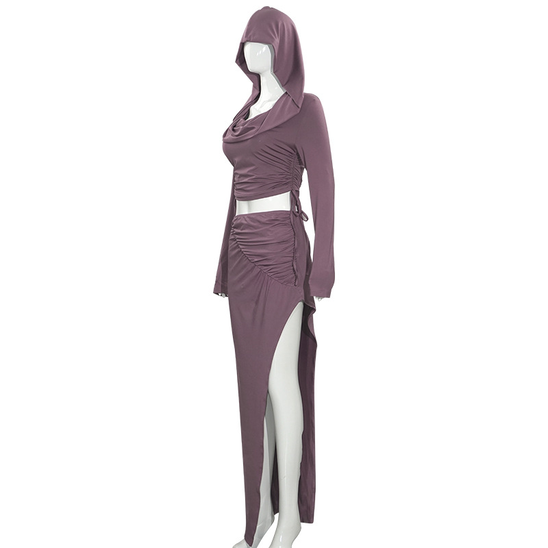 Solid Color Hooded Long Sleeve High Waist Slit Long Dress