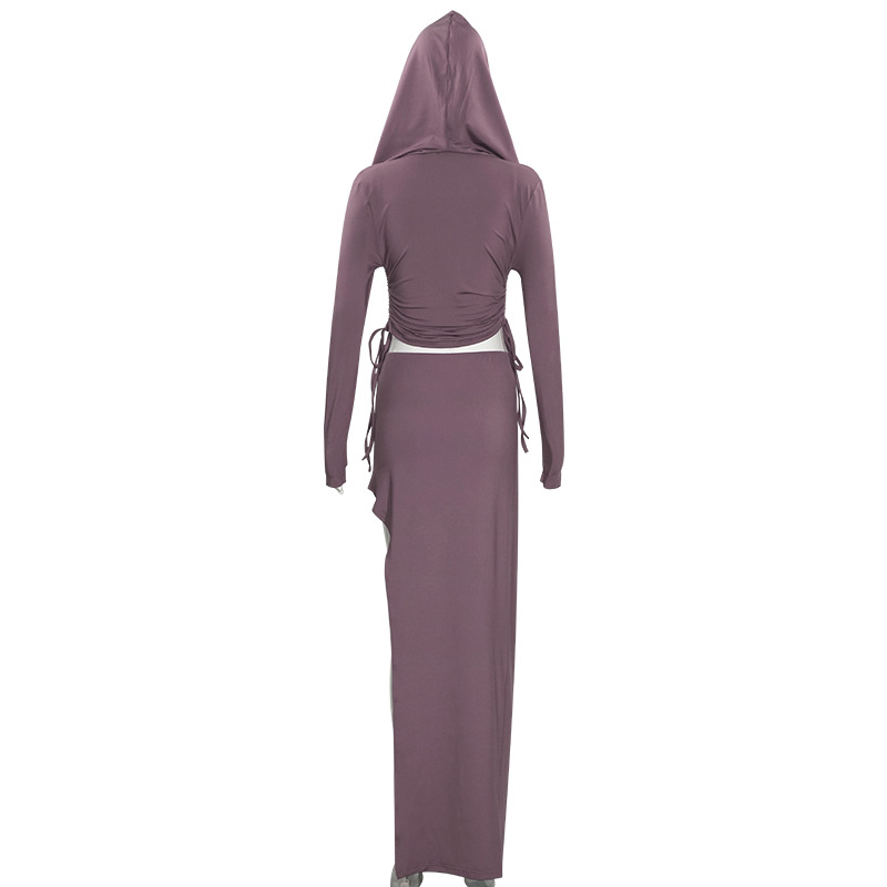 Solid Color Hooded Long Sleeve High Waist Slit Long Dress