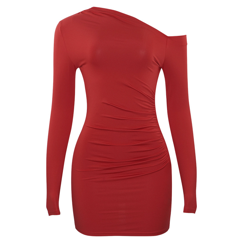 Solid Color Asymmetrical Off-Shoulder French Pleated Bodycon Dress