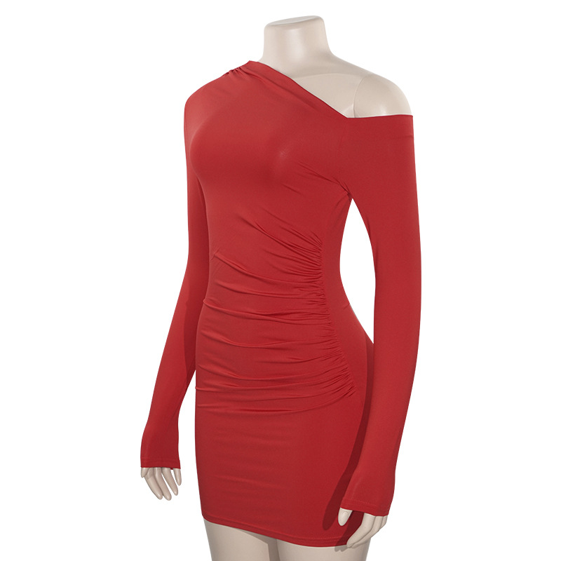 Solid Color Asymmetrical Off-Shoulder French Pleated Bodycon Dress