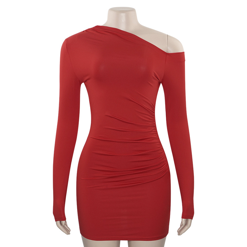 Solid Color Asymmetrical Off-Shoulder French Pleated Bodycon Dress