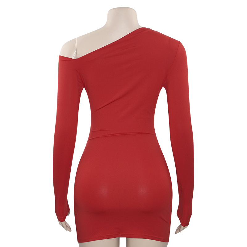 Solid Color Asymmetrical Off-Shoulder French Pleated Bodycon Dress