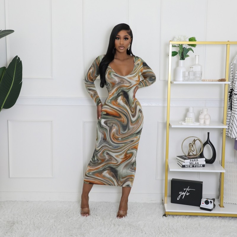 Sexy U-Neck Slim Fit Fashion Print Long Sleeve High Waist Dress