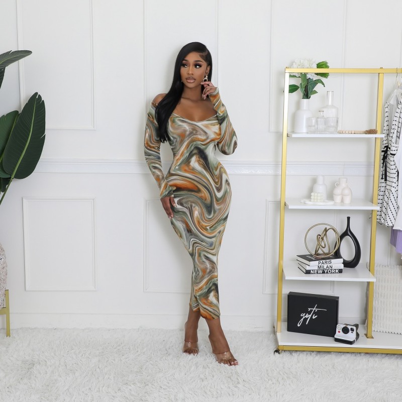 Sexy U-Neck Slim Fit Fashion Print Long Sleeve High Waist Dress