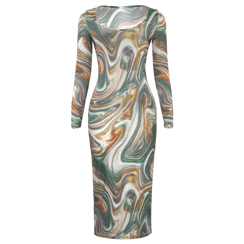 Sexy U-Neck Slim Fit Fashion Print Long Sleeve High Waist Dress