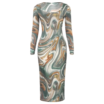 Sexy U-Neck Slim Fit Fashion Print Long Sleeve High Waist Dress 01