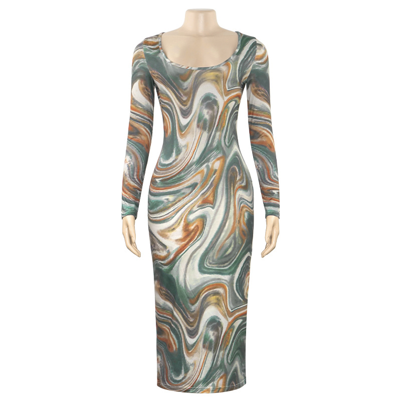 Sexy U-Neck Slim Fit Fashion Print Long Sleeve High Waist Dress