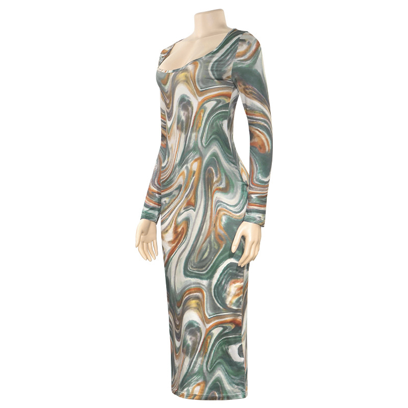 Sexy U-Neck Slim Fit Fashion Print Long Sleeve High Waist Dress