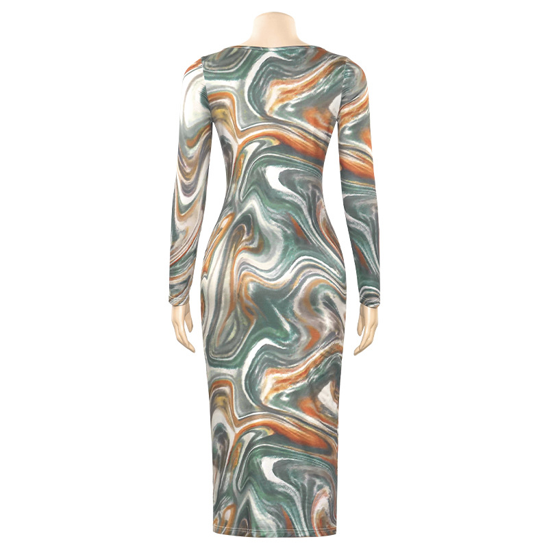 Sexy U-Neck Slim Fit Fashion Print Long Sleeve High Waist Dress