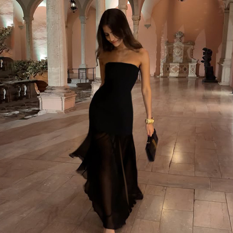 Elegant Strapless Bustier Bodycon Dress with Sheer Mesh Side Slit