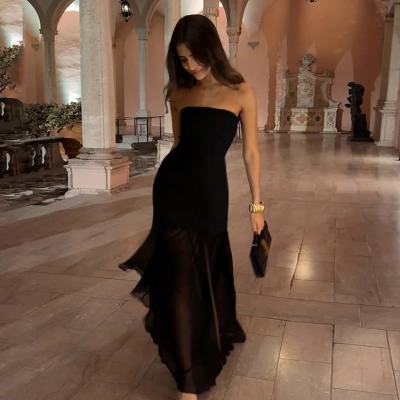 Elegant Strapless Bustier Bodycon Dress with Sheer Mesh Side Slit 02