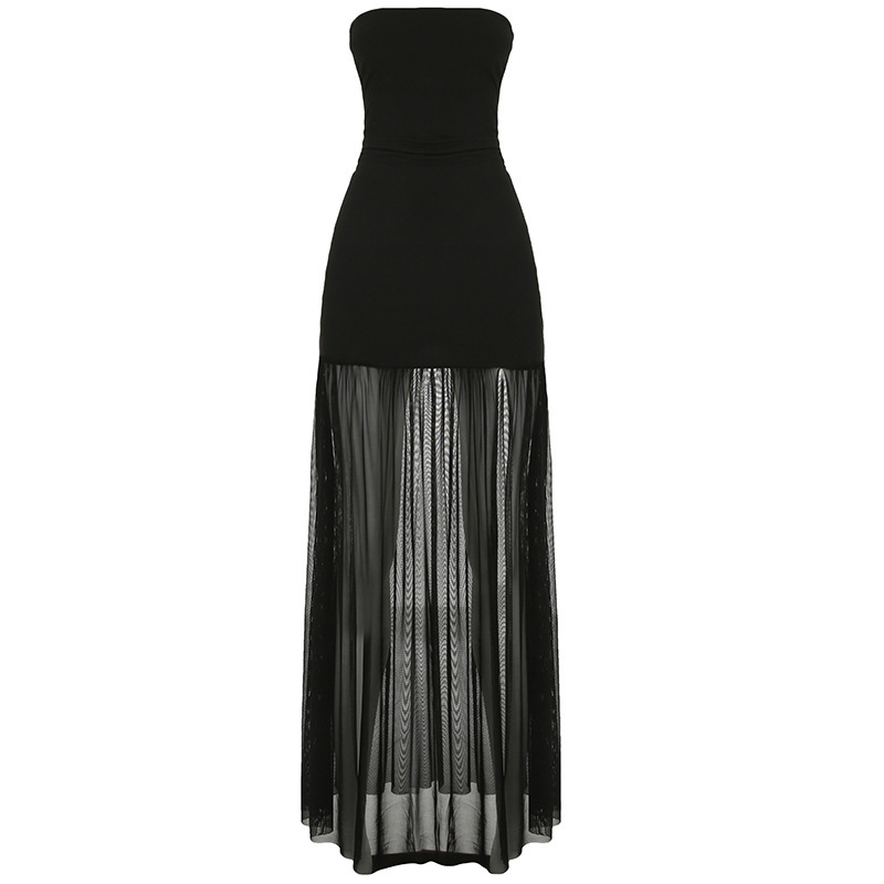 Elegant Strapless Bustier Bodycon Dress with Sheer Mesh Side Slit