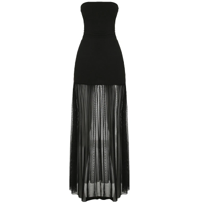 Elegant Strapless Bustier Bodycon Dress with Sheer Mesh Side Slit 01