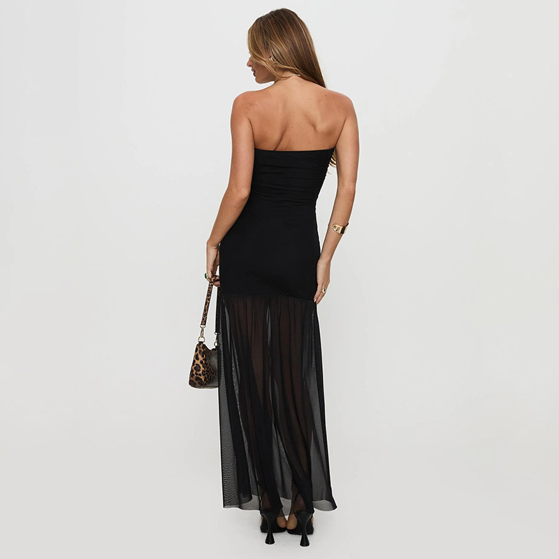 Elegant Strapless Bustier Bodycon Dress with Sheer Mesh Side Slit