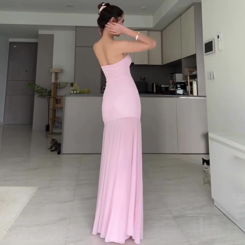 Elegant Strapless Bustier Bodycon Dress with Sheer Mesh Side Slit