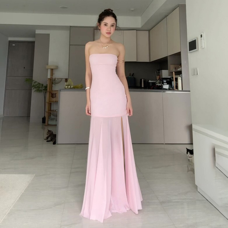 Elegant Strapless Bustier Bodycon Dress with Sheer Mesh Side Slit