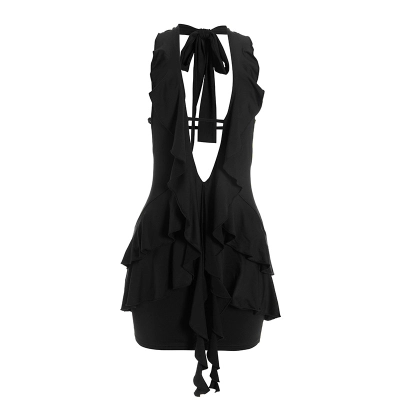 Halter Neck Bow Tie Backless Ruffled Bodycon Dress 01
