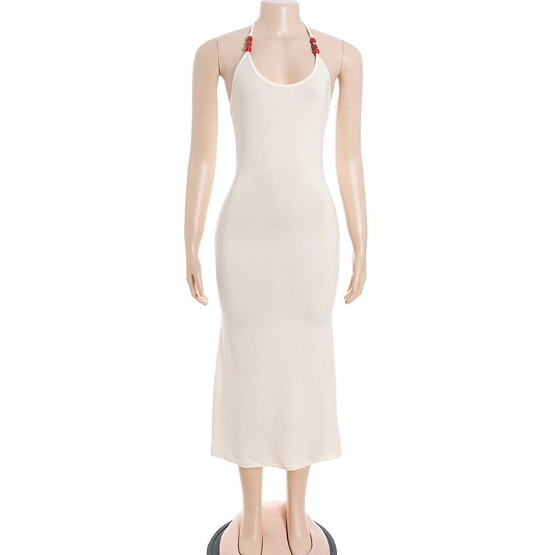 Halter Neck Wooden Bead Tie U-Neck Sleeveless Color-Block Bodycon Slit Dress