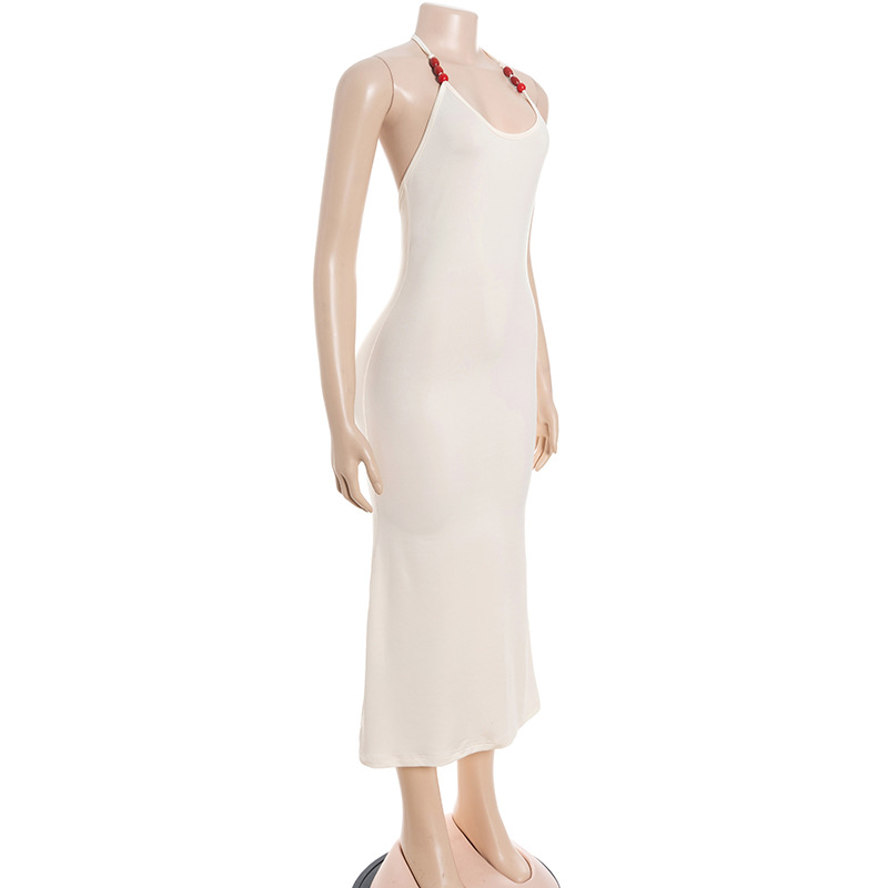 Halter Neck Wooden Bead Tie U-Neck Sleeveless Color-Block Bodycon Slit Dress