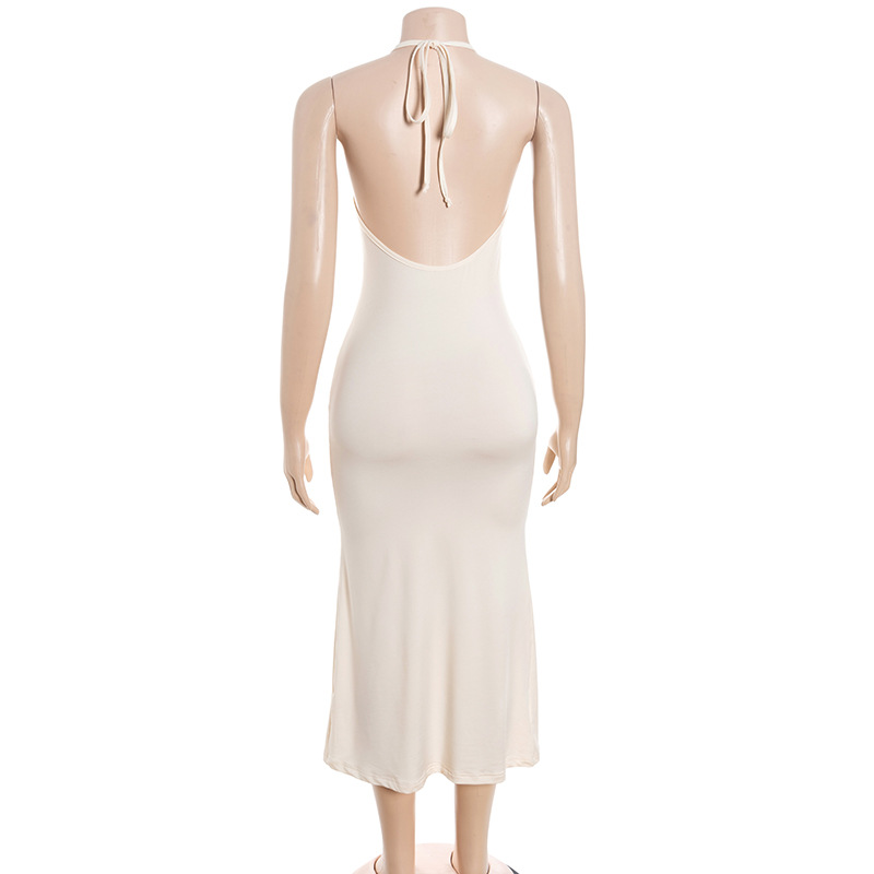 Halter Neck Wooden Bead Tie U-Neck Sleeveless Color-Block Bodycon Slit Dress