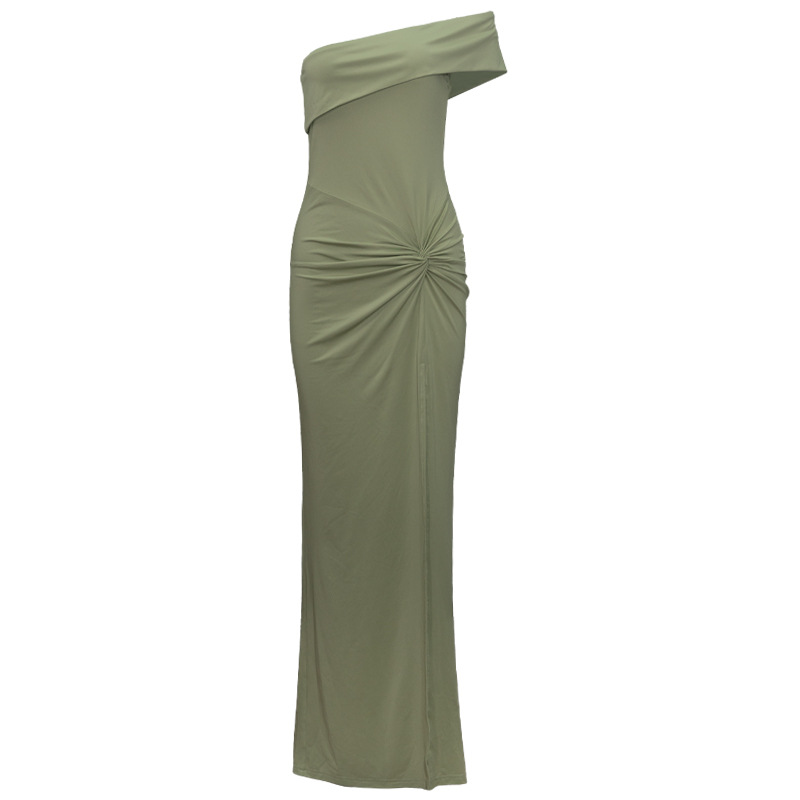 Trendy Asymmetrical One-Shoulder Twist Waist High Slit Bodycon Maxi Dress