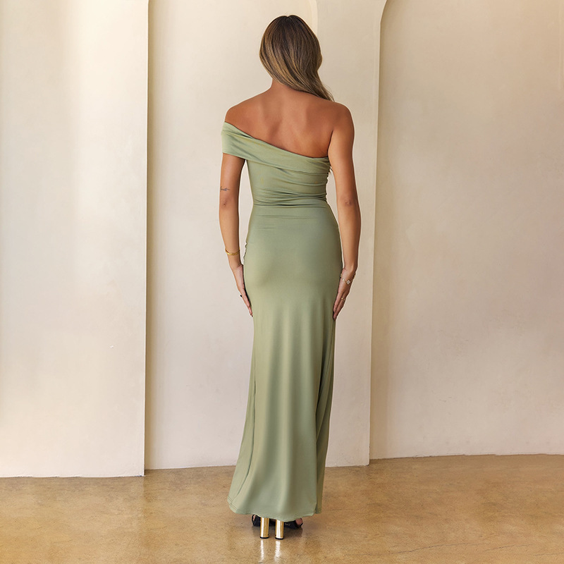 Trendy Asymmetrical One-Shoulder Twist Waist High Slit Bodycon Maxi Dress