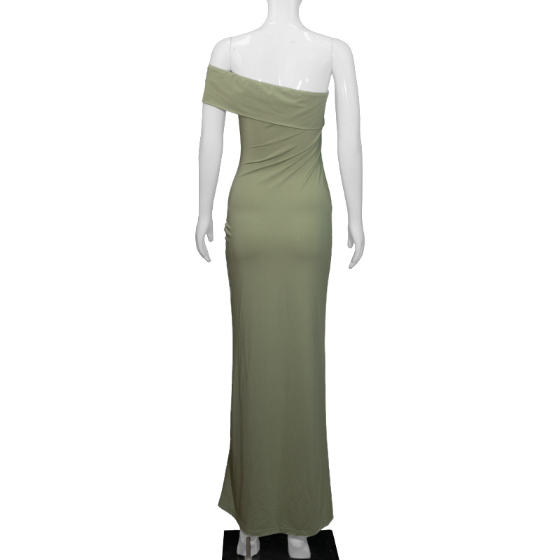 Trendy Asymmetrical One-Shoulder Twist Waist High Slit Bodycon Maxi Dress