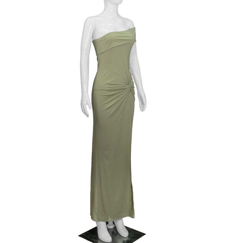 Trendy Asymmetrical One-Shoulder Twist Waist High Slit Bodycon Maxi Dress