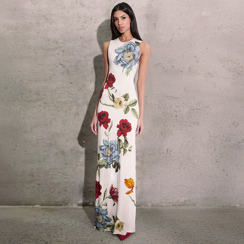 Elegant Round Neck Sleeveless Floral Print Maxi Dress
