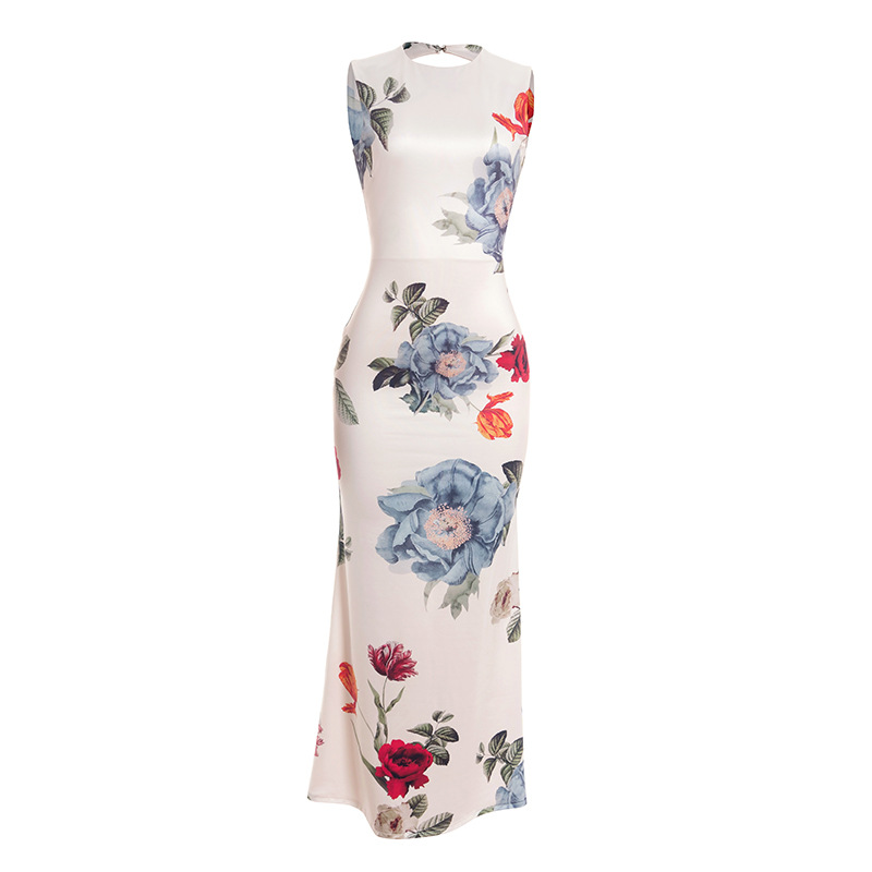 Elegant Round Neck Sleeveless Floral Print Maxi Dress