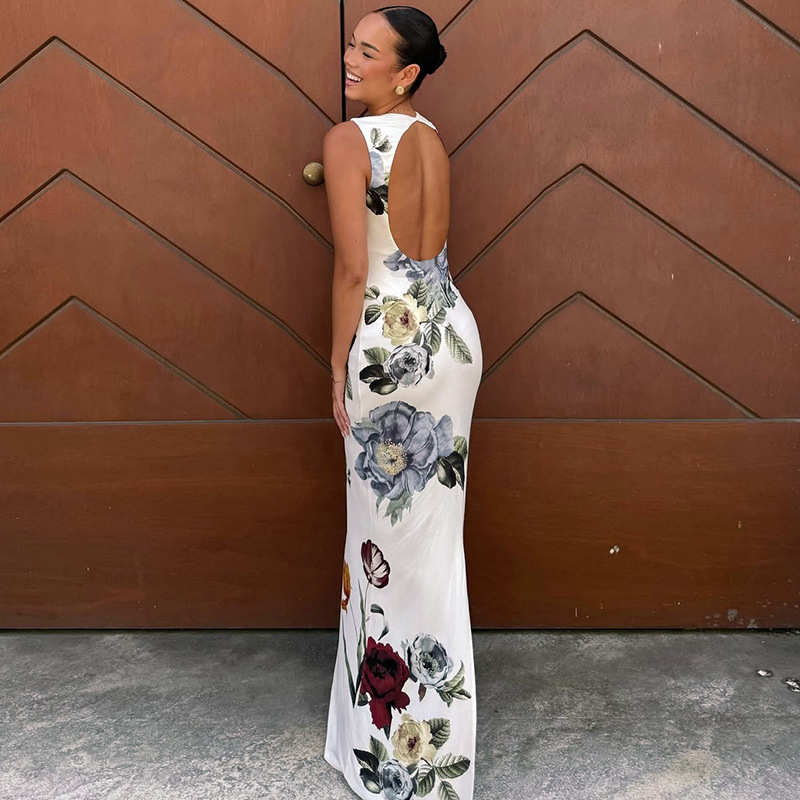 Elegant Round Neck Sleeveless Floral Print Maxi Dress